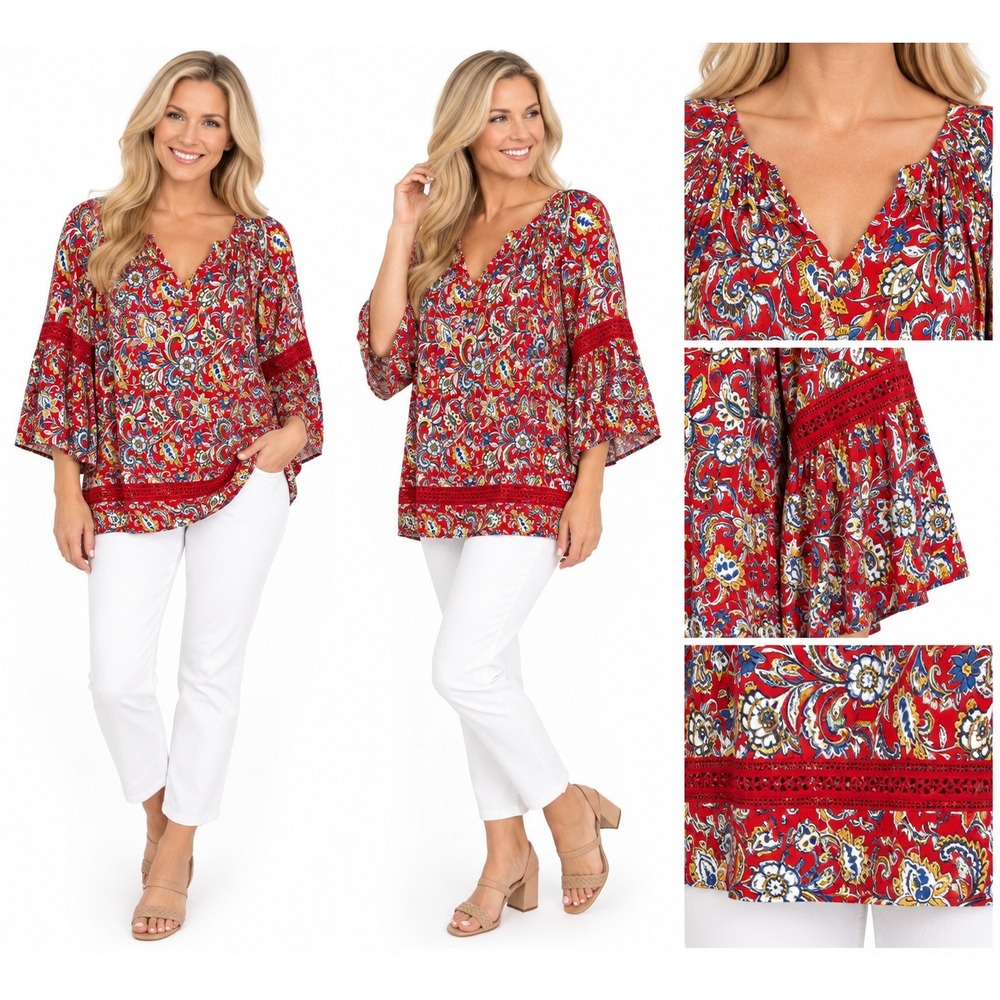 Ruby Rd Top 2X Paisley Floral Bell Sleeve V-Neck Boho Blouse Hippie Artistic